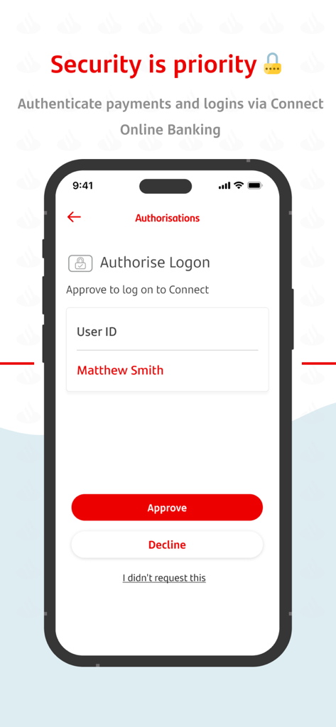 Santander Connect UK - Interfaz de la aplicación Santander Connect UK que muestra una pantalla de autorización de inicio de sesión con opciones de aprobar y rechazar