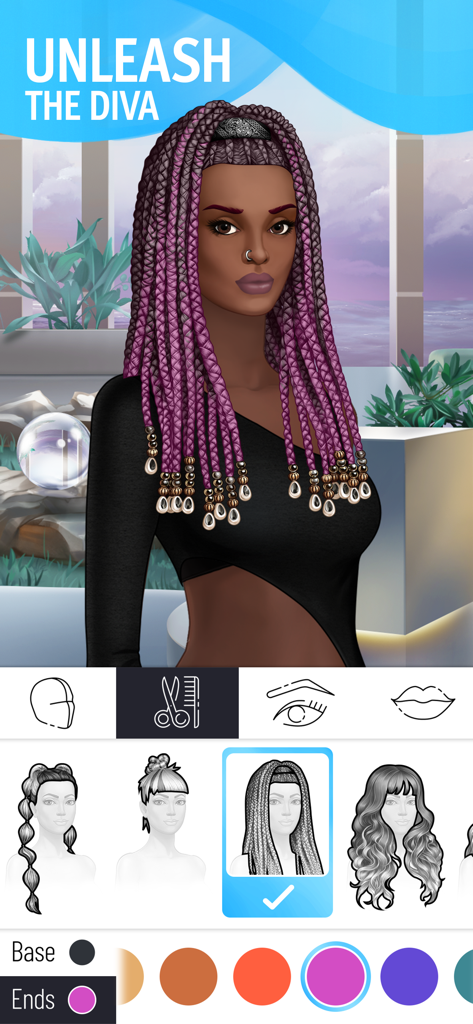 Pocket Styler: Fashion Stars - Una pantalla de personalización de personajes en Pocket Styler mostrando a una modelo con trenzas largas ombré moradas y varias opciones de peinado.