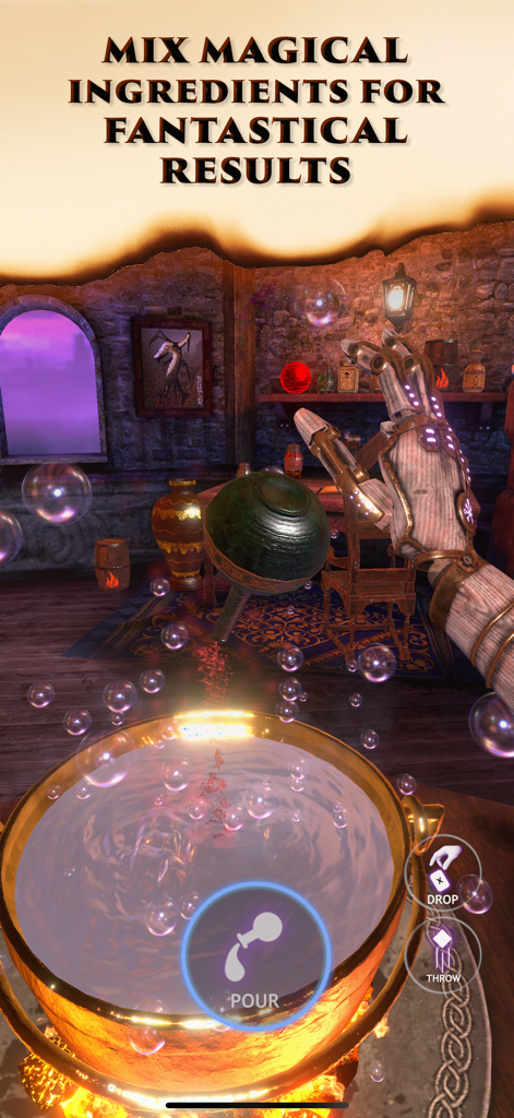 Waltz of the Wizard - 기계식 건틀릿이 빛나는 솥에 마법 재료를 붓는 1인칭 시점