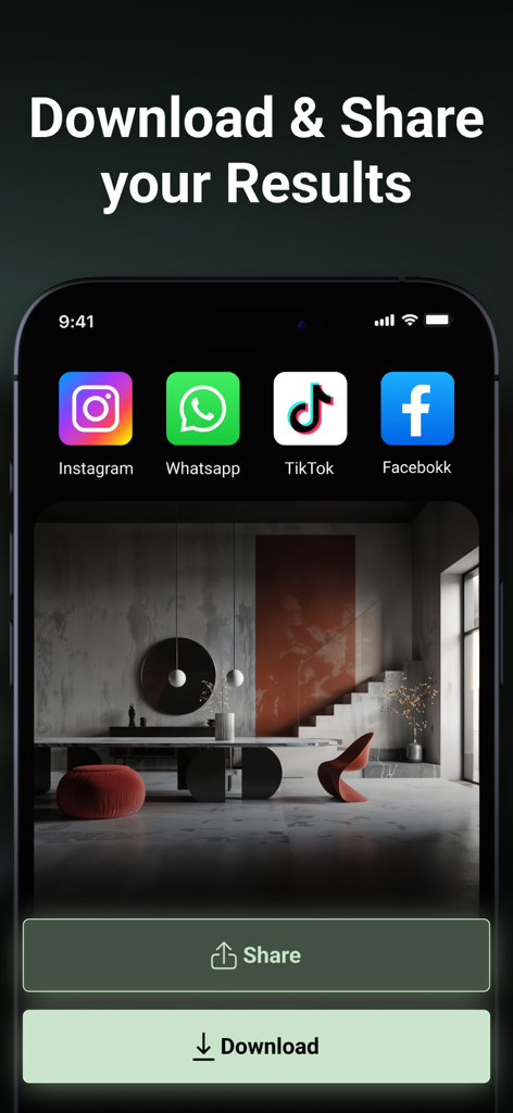 Mobile screen showing options to download and share AI-generated interior design results to social media platforms like Instagram and TikTok