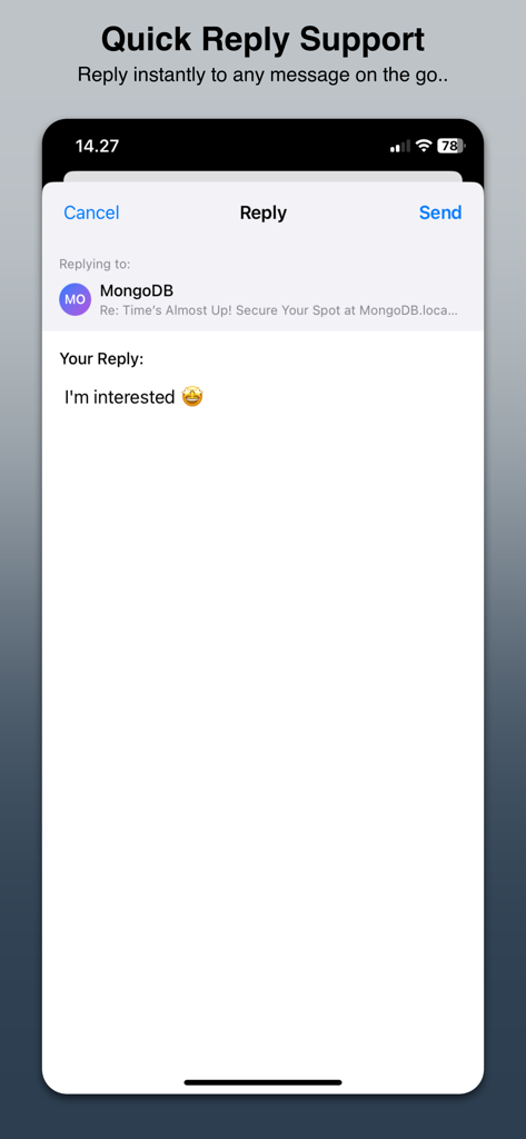 Schnellantwort-Oberfläche in der .msg Email Viewer App, die eine Antwort auf eine Outlook-E-Mail zeigt.