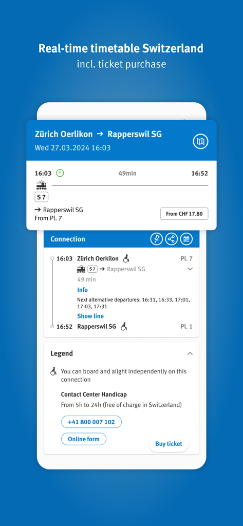 ZVV - Captura de tela do aplicativo ZVV exibindo um horário em tempo real e interface de compra de bilhetes para uma viagem de trem de Zurique