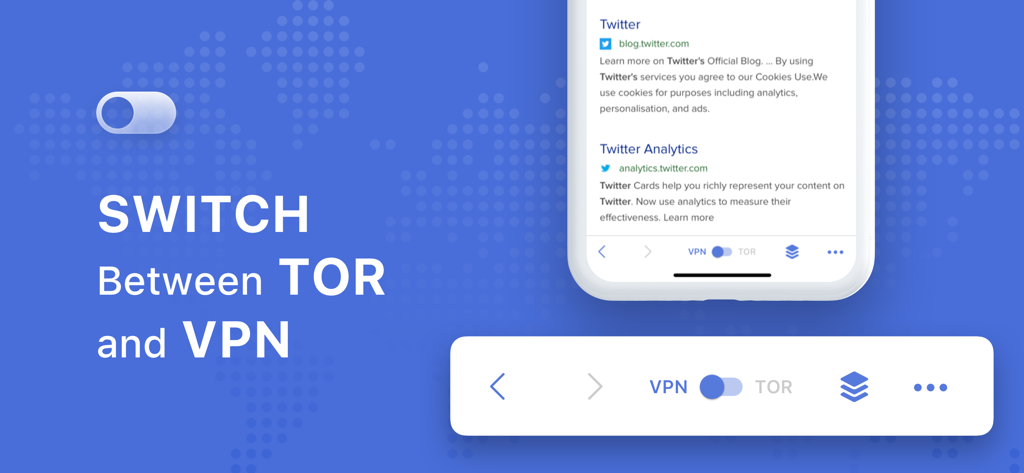 TORとVPNモードを切り替えるトグルを強調表示するモバイルインターフェイス。