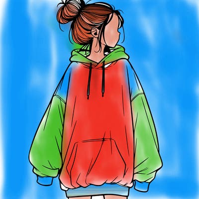 realistic girl with a oversized sweatshirt on and a bun