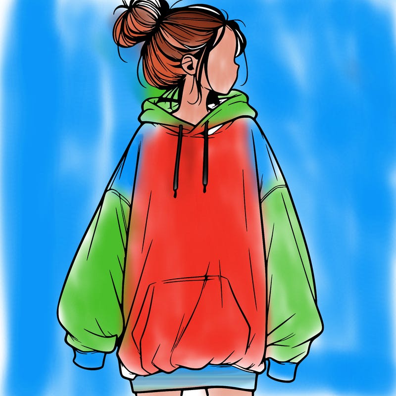 realistic girl with a oversized sweatshirt on and a bun