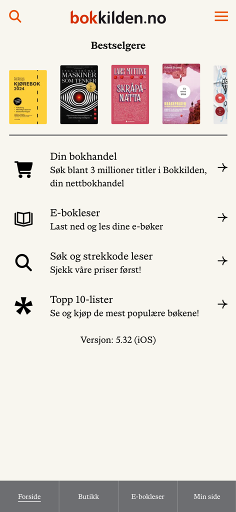 Bokkilden - Home screen of the Bokkilden app featuring a carousel of bestseller books and a main menu with options for bookstore searching and ebook reading