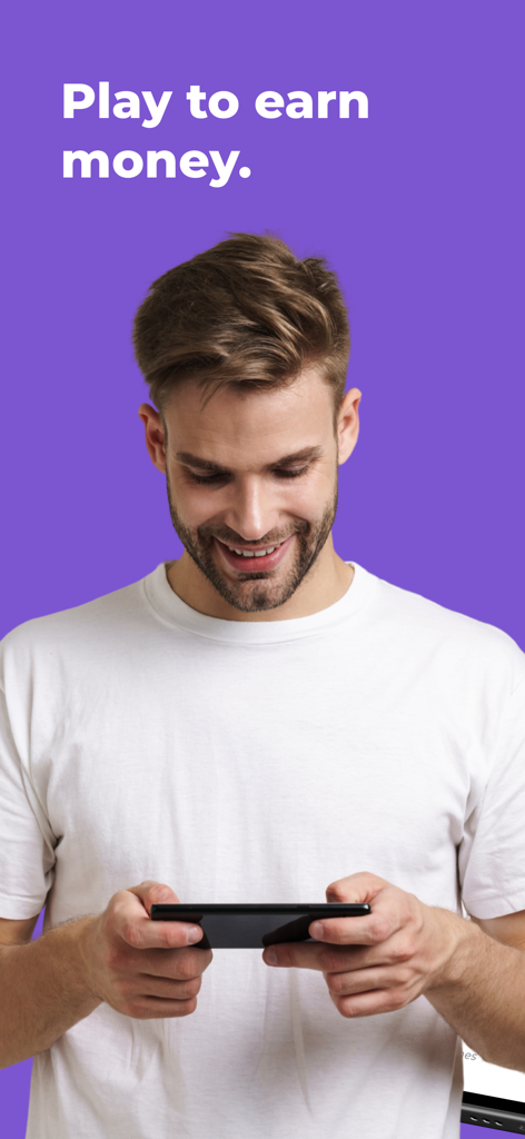Playstorm - A smiling man holding a smartphone with the text Play to earn money on a purple background