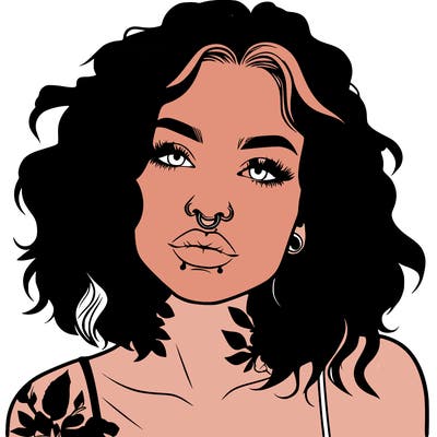 realistic woman with septum piercing and wavy hair and tattoos