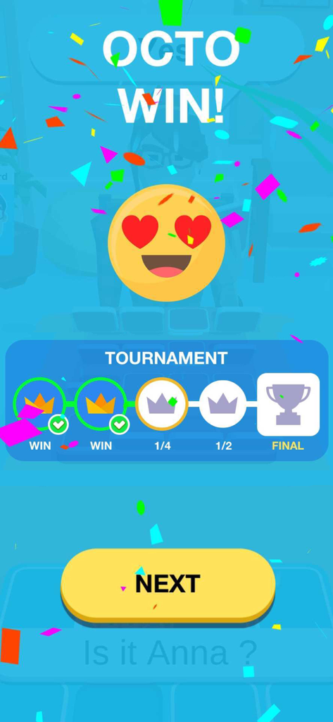 Guess It 3D - Siegbildschirm in Guess It 3D, der den Turnierfortschritt und die Feierlichkeiten zeigt