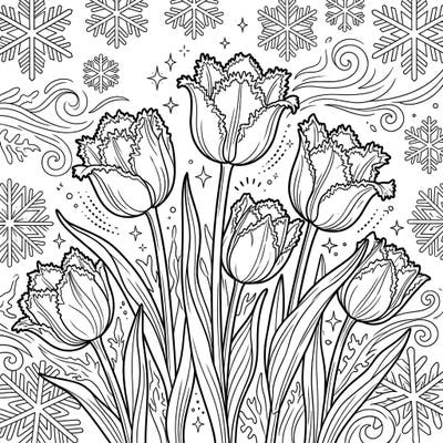 Discover the delicate beauty of fringed tulips blossoming amidst a serene winter wonderland in this unique coloring page. Perfect for a cozy creative escape, it combines intricate floral details with frosty, whimsical patterns.