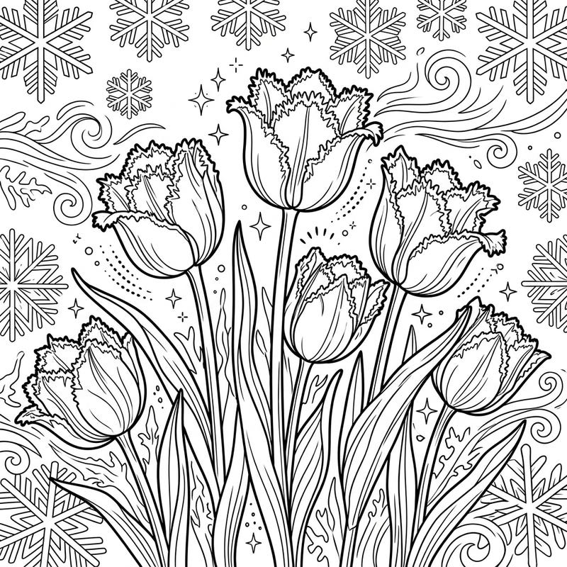 Discover the delicate beauty of fringed tulips blossoming amidst a serene winter wonderland in this unique coloring page. Perfect for a cozy creative escape, it combines intricate floral details with frosty, whimsical patterns.