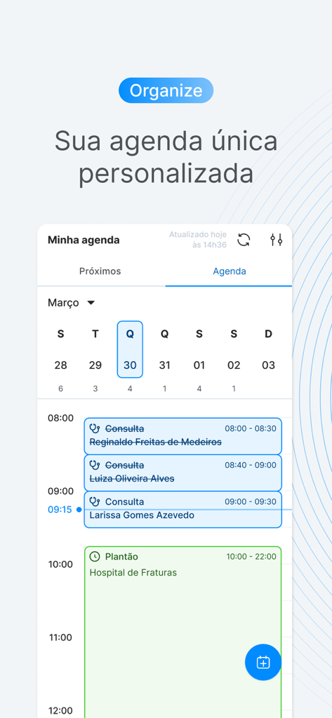 Amigo One - A mobile app interface displaying a medical professional daily agenda with scheduled patient consultations and hospital shifts