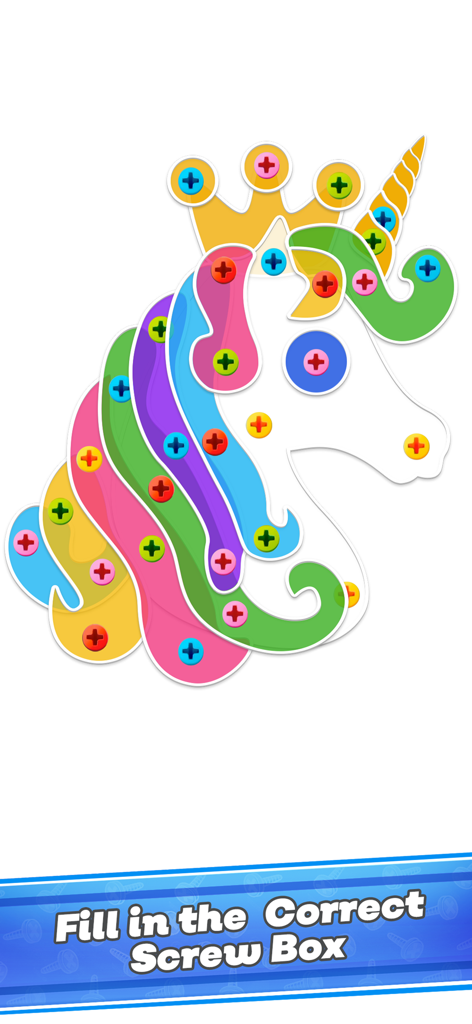Screw Jam:  Puzzle Challenge - A colorful unicorn head puzzle level featuring various colored screws and bolts