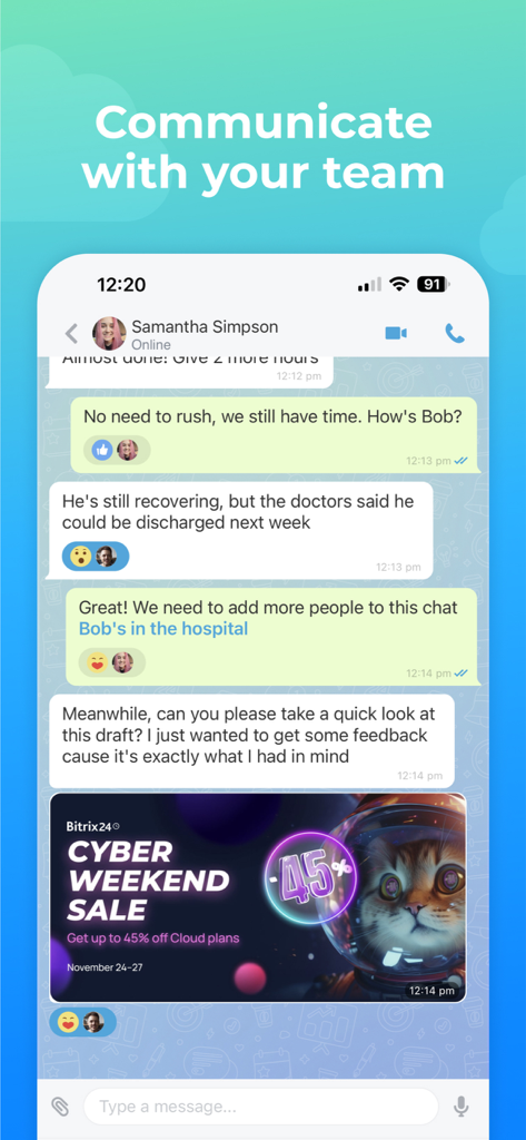 Aplicación móvil Bitrix24 mostrando una interfaz de chat de comunicación de equipo con mensajes de texto y reacciones