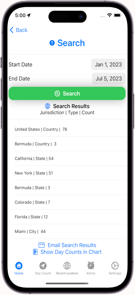 Domicile365 Residency Tracker - Residency search results screen displaying total day counts in various jurisdictions for tax compliance