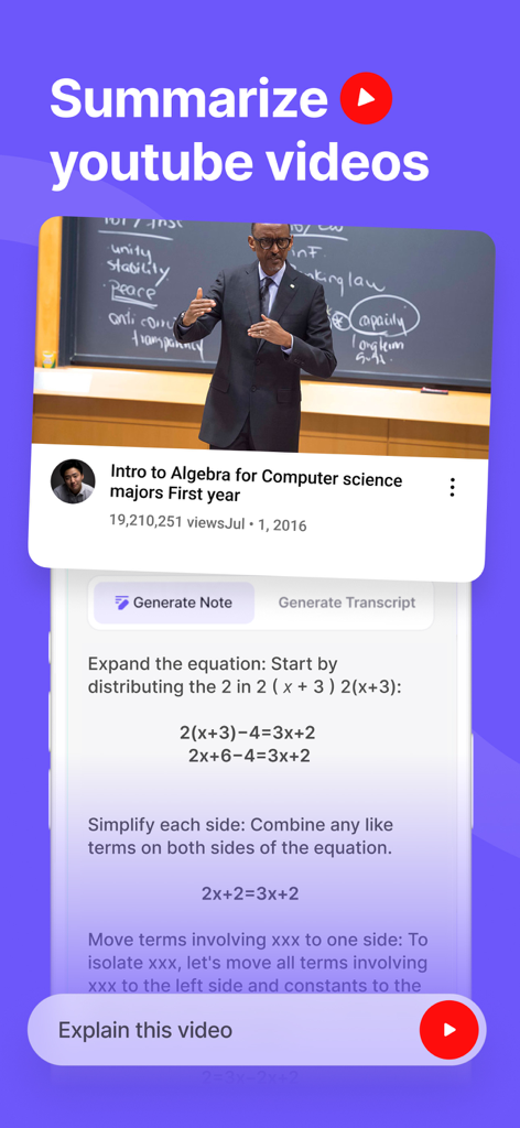 Unstuck AI Note Taker - Unstuck AI app interface showing a YouTube algebra lecture being summarized into organized study notes