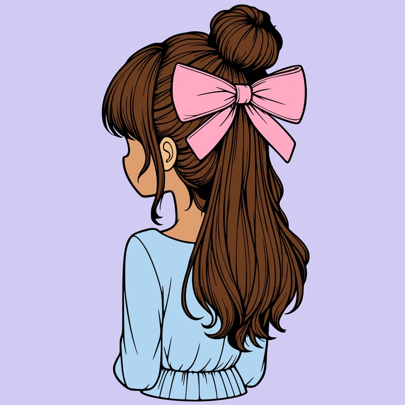 realistic girl  with hip length hair a bun and a big bow on the back of head