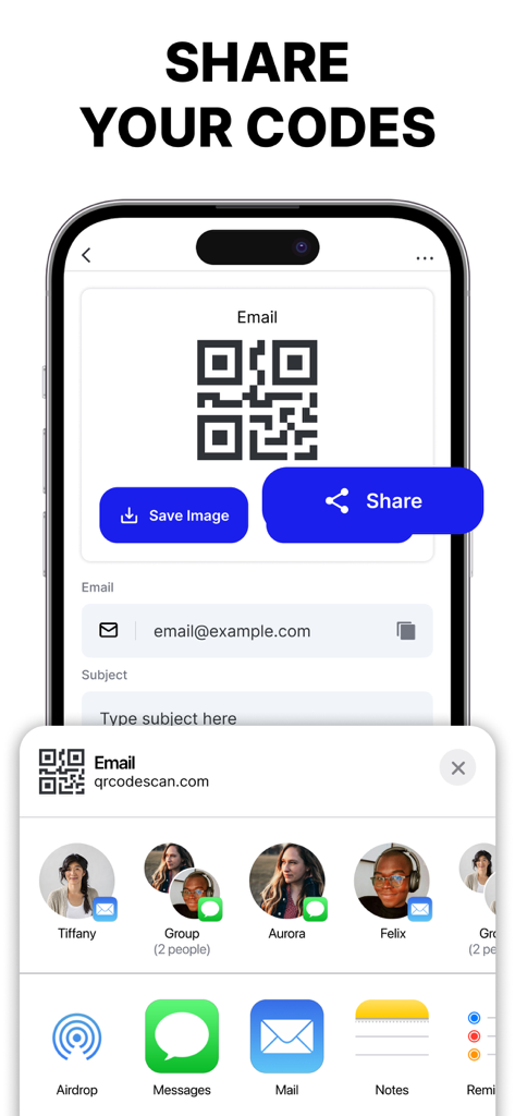 QR Code Scanner - Generate QR - Oberfläche, die Optionen zum Speichern oder Teilen eines generierten QR-Codes für eine E-Mail anzeigt
