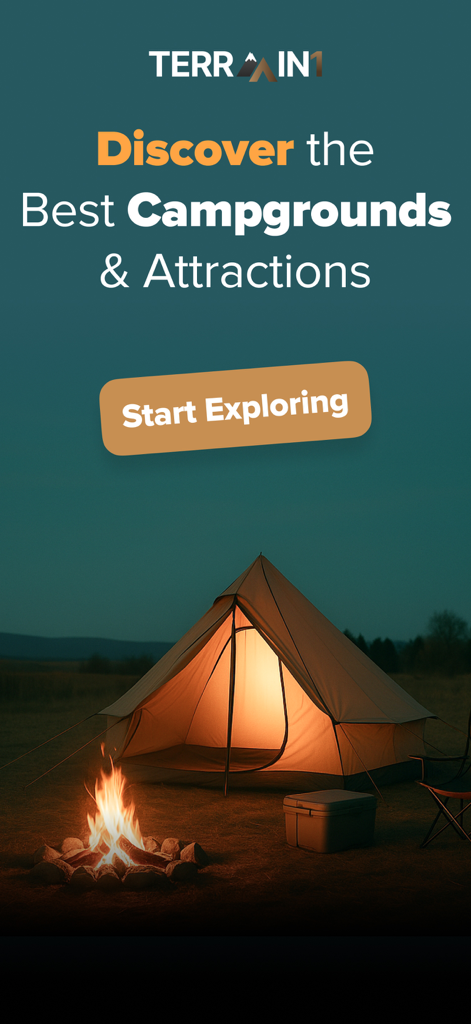 A cozy tent lit from within next to a glowing campfire at night with the headline Discover the Best Campgrounds and Attractions