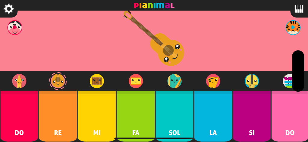 Colorful children piano keyboard interface with a cute guitar character and musical scale notes