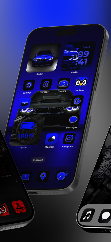 iPhone home screen with custom blue car theme icons and widgets