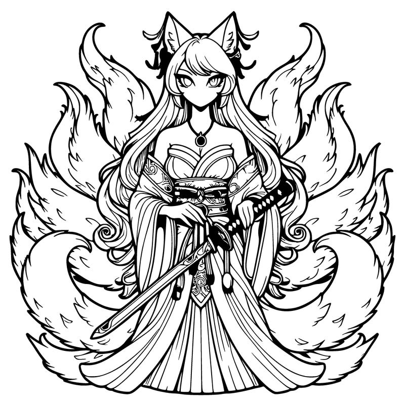 high detailed nine tailed fox woman with a sword