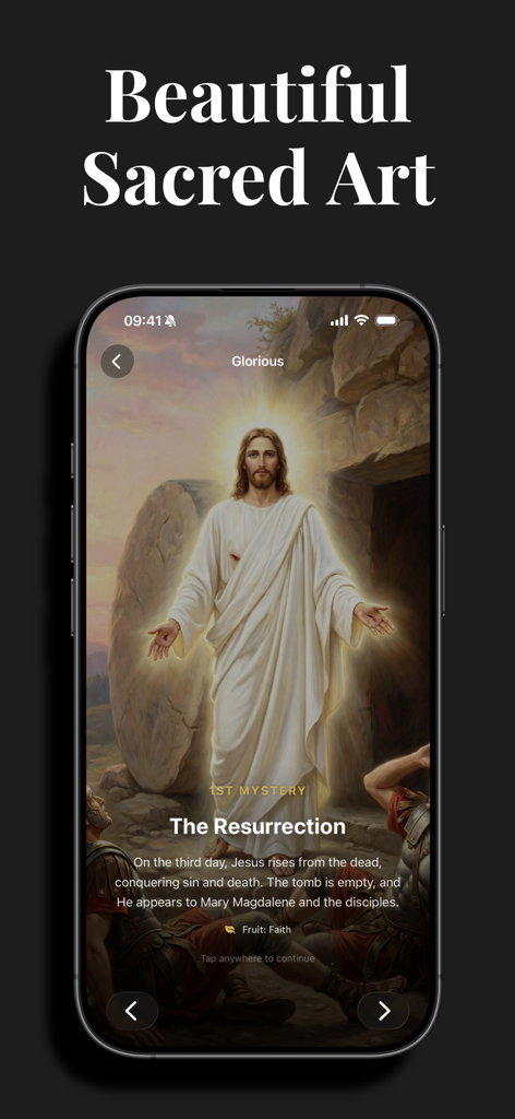 Lumen: Bible & Daily Readings - Pantalla de la aplicación Lumen mostrando arte sacro de la Resurrección para el misterio del Rosario.