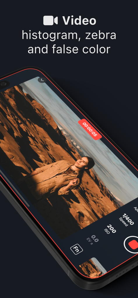 Shutter app video recording interface on iPhone showing exposure tools including histogram and zebras