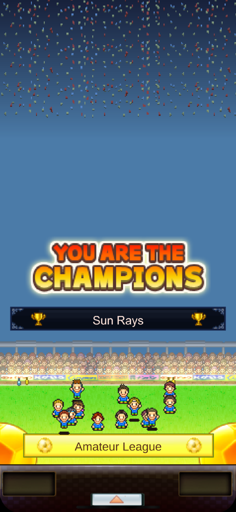 Pocket League Story - Giocatori di calcio in pixel art che festeggiano la vittoria del campionato della Lega Dilettanti in Pocket League Story
