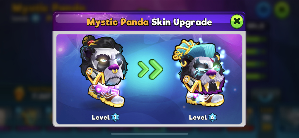 Uma tela de atualização de personagem para Mystic Panda no Head Ball 2 mostrando os níveis 1 e 6