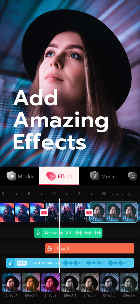 Mobile video editing interface showing a multi-track timeline with music and artistic filter options