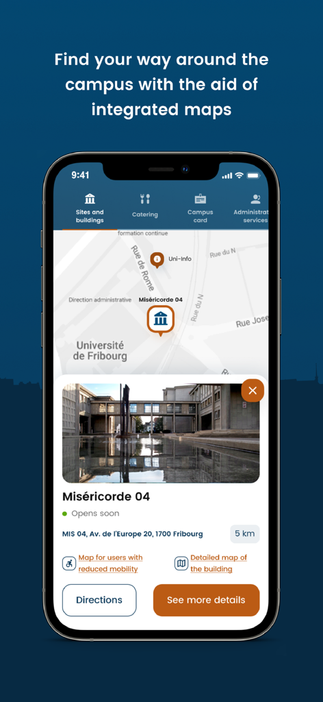 Captura de tela do aplicativo UNIFR Mobile mostrando um mapa interativo do campus com detalhes de edifícios e direções.