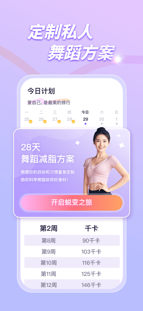 Rhythmic Drumbeat Dance App-Oberfläche, die einen individuellen 28-Tage-Gewichtsverlustplan und die Fortschrittsverfolgung anzeigt