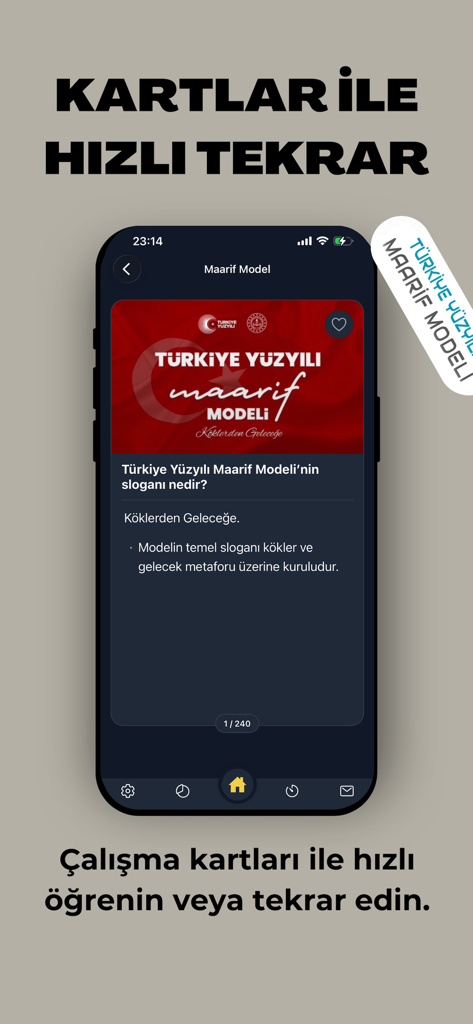 EKYS Kolay Müdür ve Müdür Yrd. - Lernkartenfunktion in der mobilen Anwendung zur Vorbereitung auf die EKYS-Prüfung, die eine Frage zum Maarif-Modell zeigt.