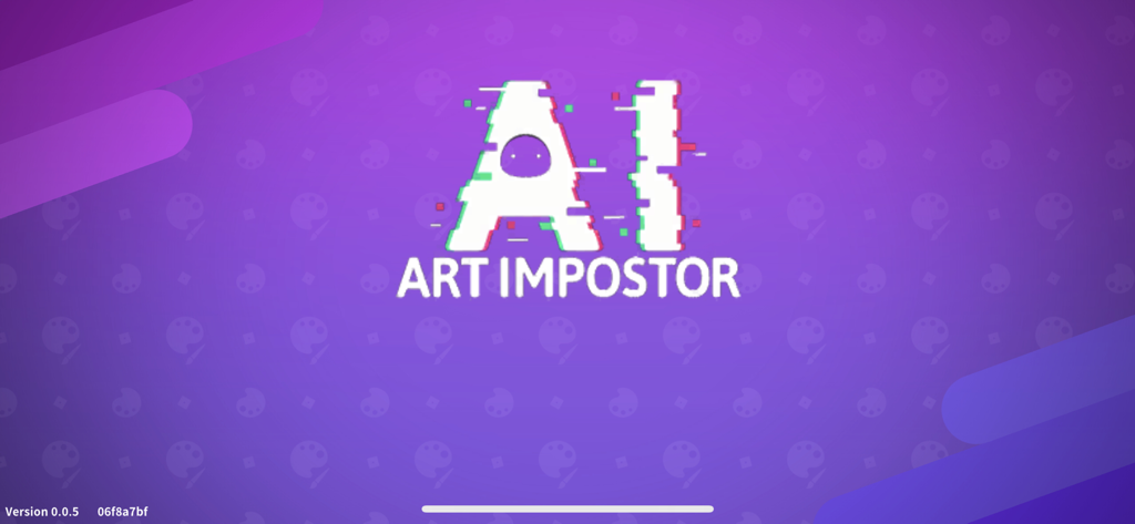 Pantalla de inicio del juego AI Art Impostor con el logo con efecto glitch sobre un fondo morado estampado