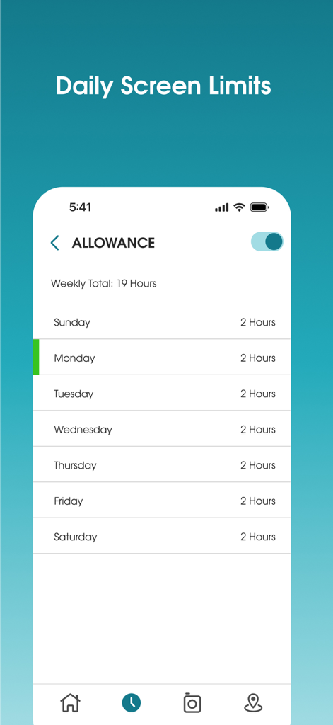 Interfaz de la aplicación OurPact que muestra un horario de asignación diaria de tiempo de pantalla con un total semanal de 19 horas