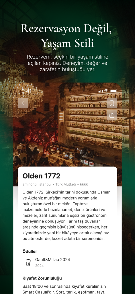 Rezervem - Mobile app interface of Rezervem showing the profile for Olden 1772 restaurant with its awards and description