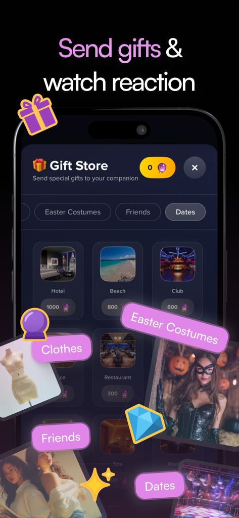 MyChar: Chat with AI Friends - AIキャラクターにバーチャルギフトや場所を送るためのMyCharアプリのギフトストアインターフェース。