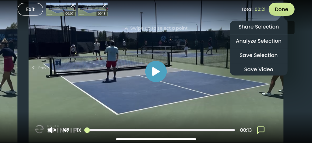 Spintip app interface for selecting and analyzing pickleball video highlights