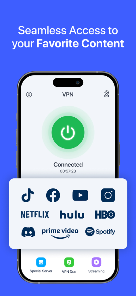 VPN for iPhone interface showing a connected state with logos for popular streaming and social media apps