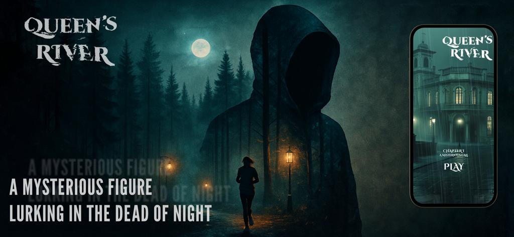 Queen’s River: Mystery Game - Imagem promocional do jogo de mistério Queen's River com uma figura encapuzada e uma pessoa correndo por uma floresta escura à noite.