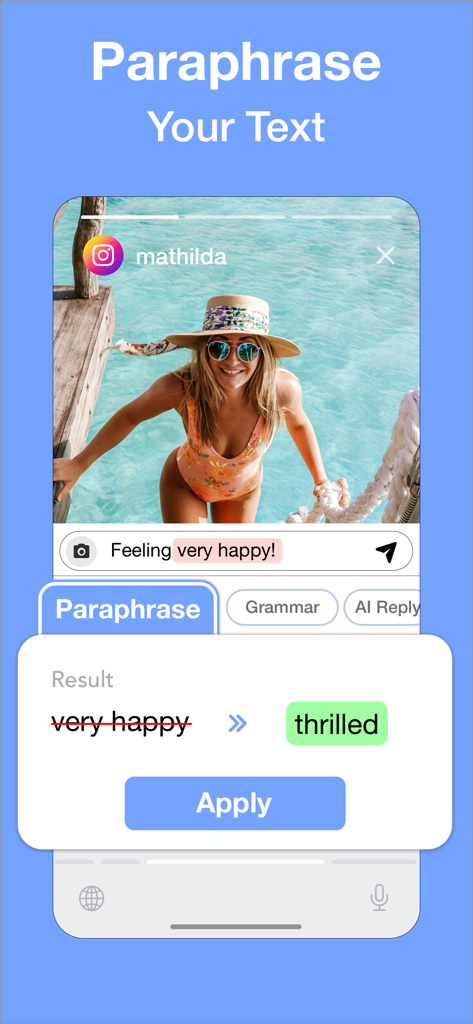 TyprAI: AI Keyboard & Writer - TyprAI keyboard interface suggesting the word thrilled to replace very happy on a social media caption.