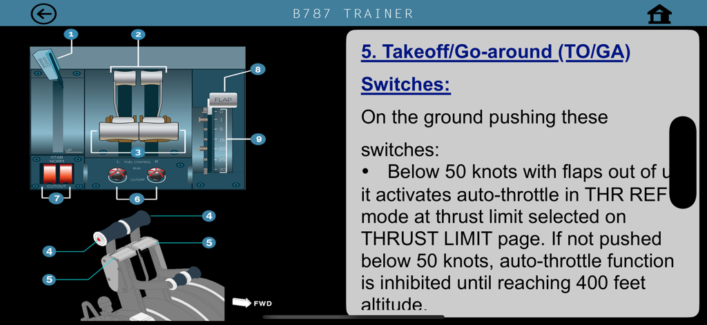 B787 Cockpit Pilot Trainer - B787 cockpit trainer showing throttle quadrant diagram and takeoff go around switches information