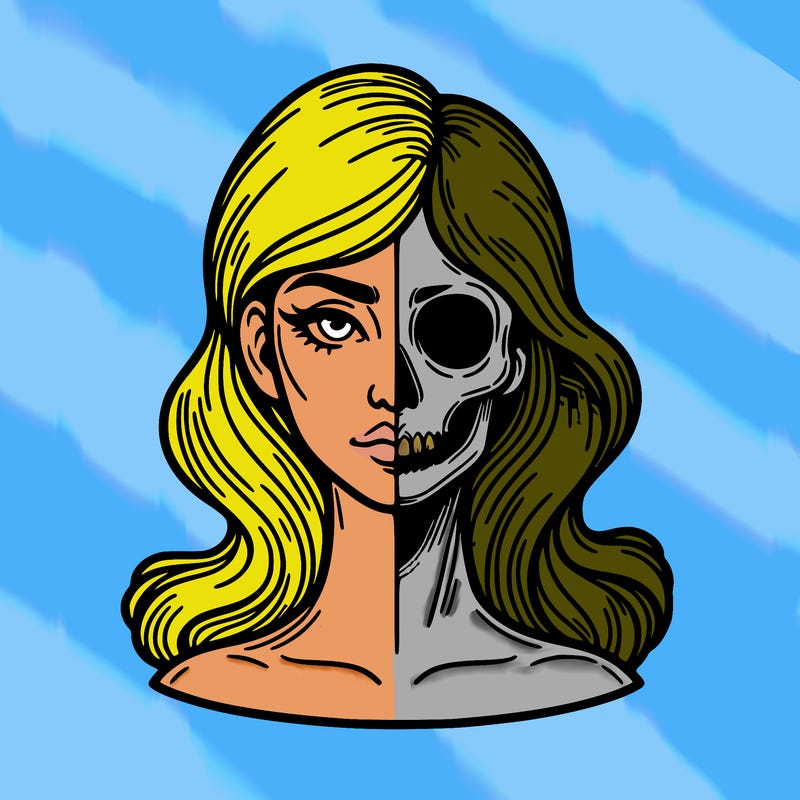 bust of a woman, half face and hair, half skull