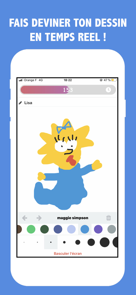 Real-time mobile drawing game screen showing a sketch of Maggie Simpson with coloring tools