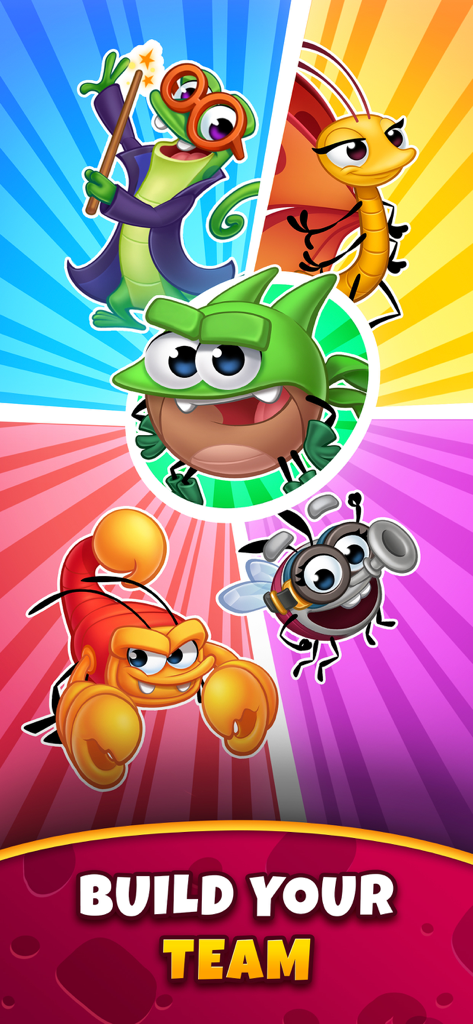 Best Fiends - Match 3 Puzzles - Un groupe de personnages colorés de Best Fiends avec le texte « Construisez votre équipe ».