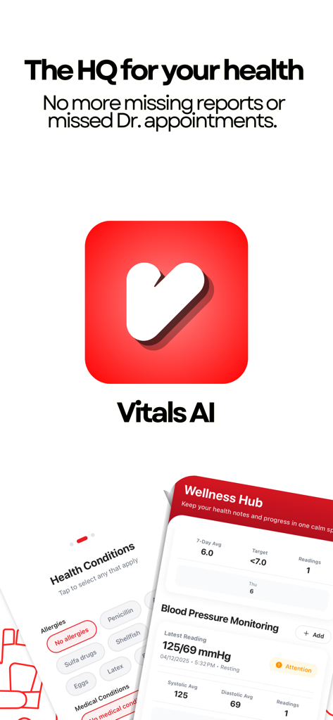Vitals AI - Health - Vitals AI app interface showing health record organization and blood pressure monitoring.