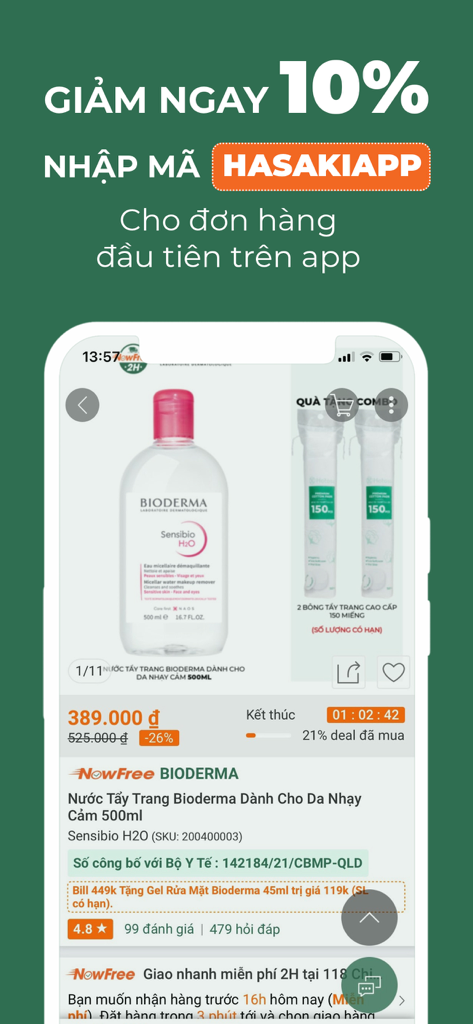 Captura de tela do aplicativo Hasaki mostrando água micelar Bioderma e um banner de código de desconto