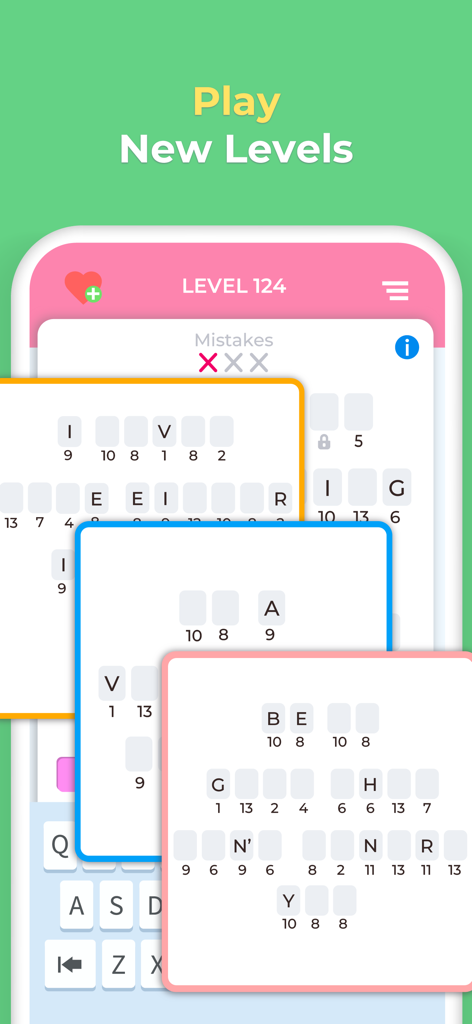 Cryptogram Letters and Numbers - A mobile game screen showing cryptogram puzzles with letters and numbers to decode.