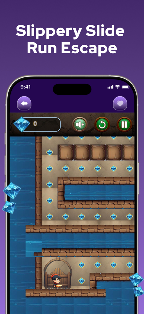 Offline Puzzle Games - No WiFi - Gameplay of Slippery Slide Run Escape showing a character navigating a level with collectible diamonds in the Offline Puzzle Games app
